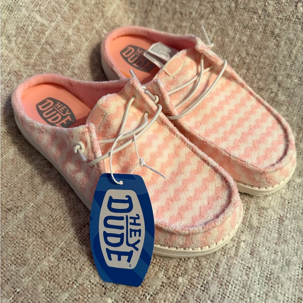 Hey Dude woman’s Pink and White Terry Stripe Shoes